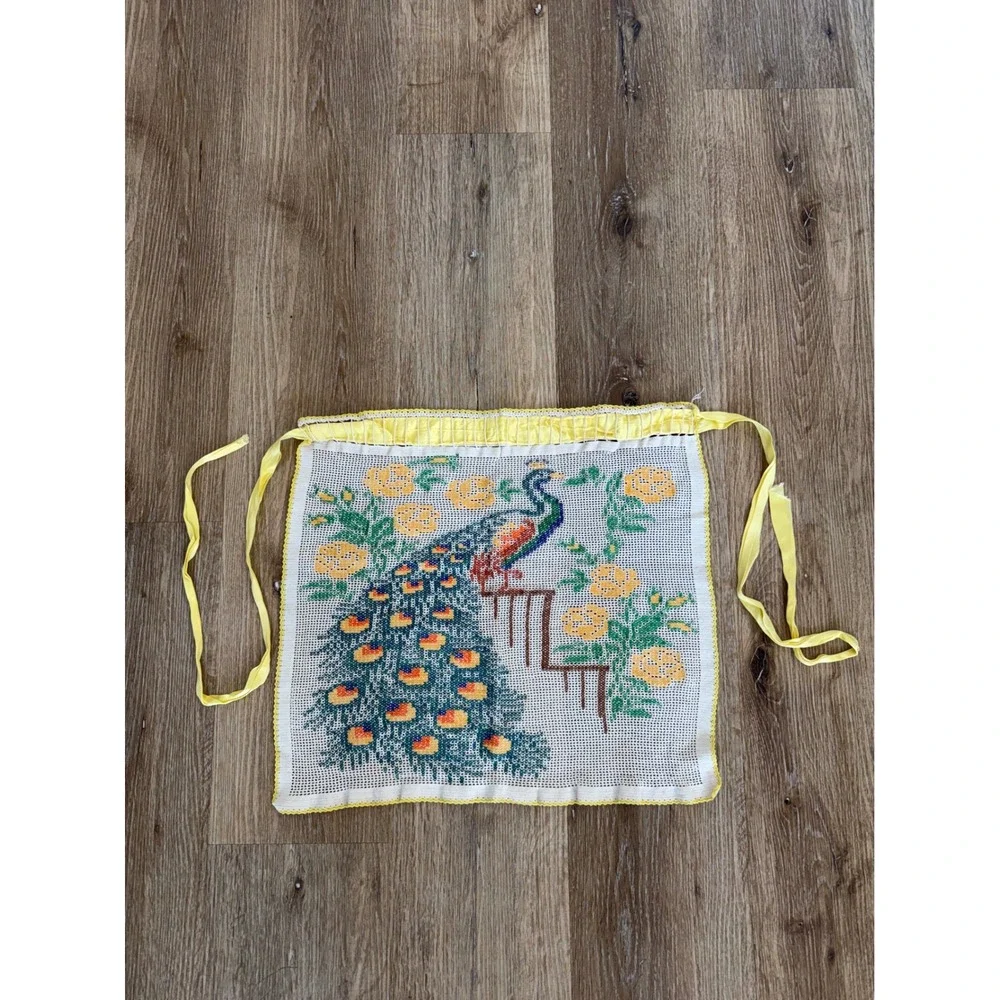 Handmade Vintage Peacock Cross Stitch Half Apron Women OS White Yellow Folk Art
